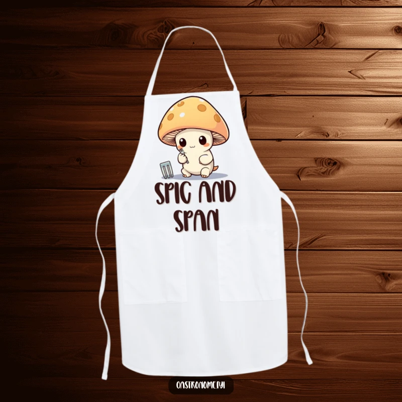 Funny apron showing a whimsical mushroom character polishing a tiny silver fork, embodying a chef with an unusual level of culinary dedication.