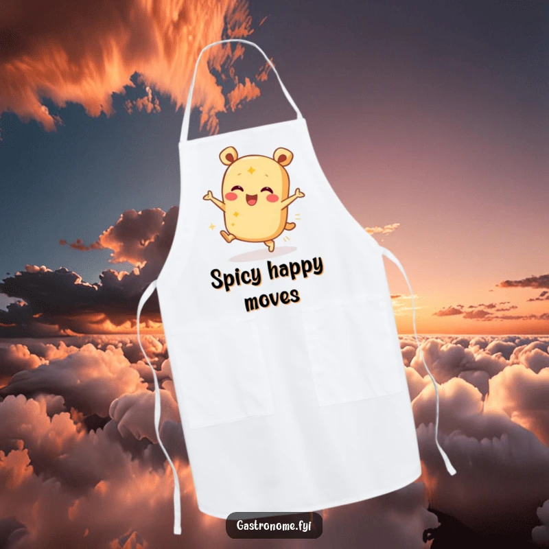 Funny apron featuring a joyful burrito character dancing while cooking, adding fun to meal preparation.