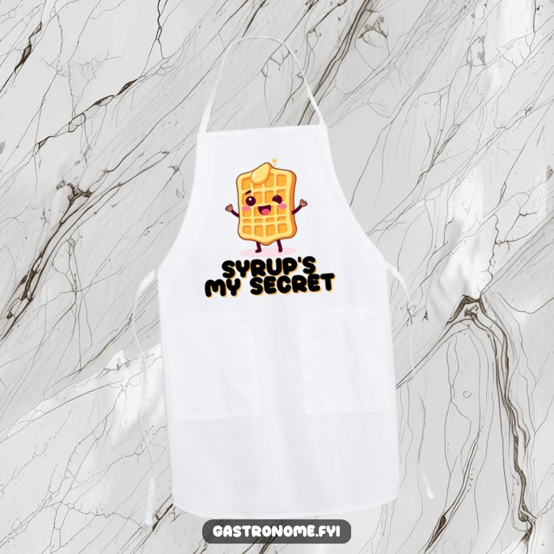 Funny apron showing a happy waffle character shimmying with syrup drops, perfect for kitchen protection and adding breakfast cheer.