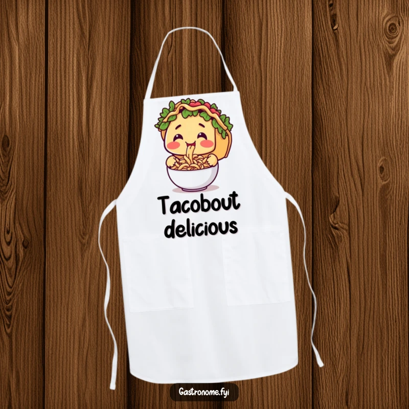 Funny apron with a smiling taco character happily slurping a bowl of tiny pasta, bringing quirky kitchen fun.