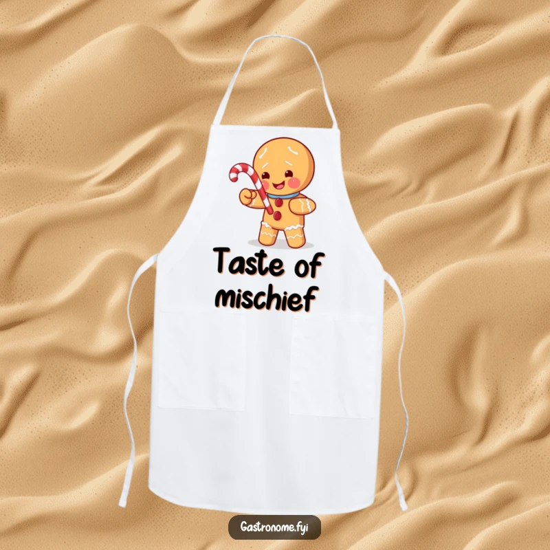 Funny apron showing a mischievous gingerbread man character stealing a tiny candy cane, great for baking and holiday kitchen fun.