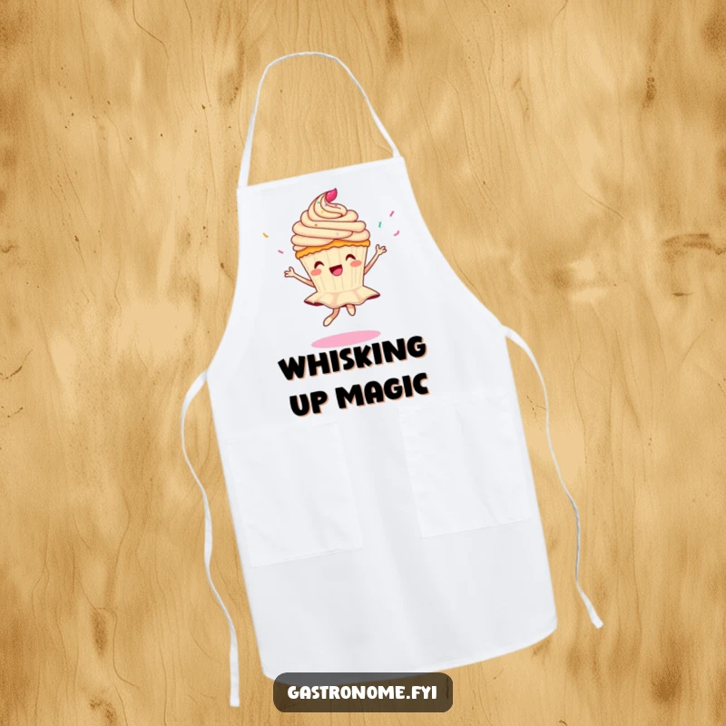Funny apron with a cupcake character doing a playful pirouette as sprinkles rain down, bringing sweet fun to the kitchen.
