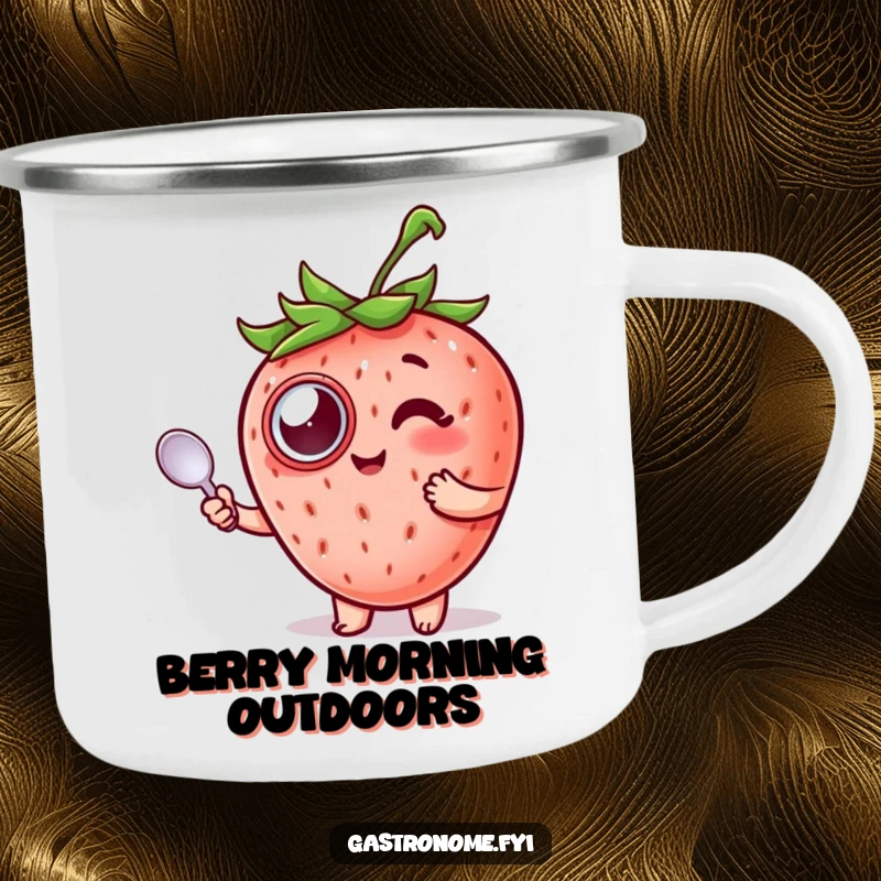 Funny Strawberry Camping Mug with a strawberry in a monocle holding a spoon, durable for adventures.