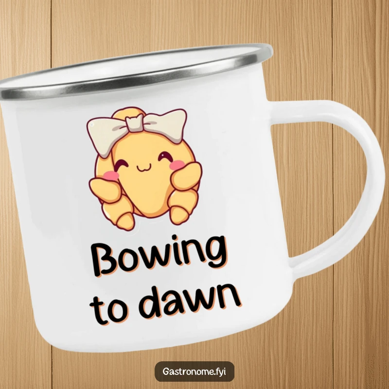 Funny croissant camping mug, showing a delighted croissant performing a proud little bow, perfect for enjoying coffee outdoors.