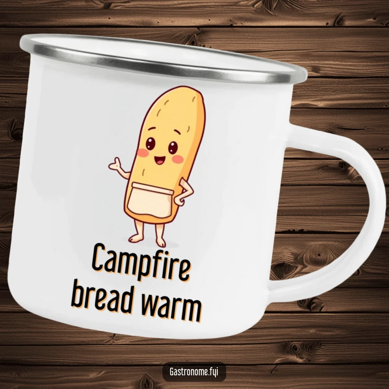 Funny camping mug featuring a proud baguette character wearing a tiny apron, ready for outdoor cooking and humorous hydration.