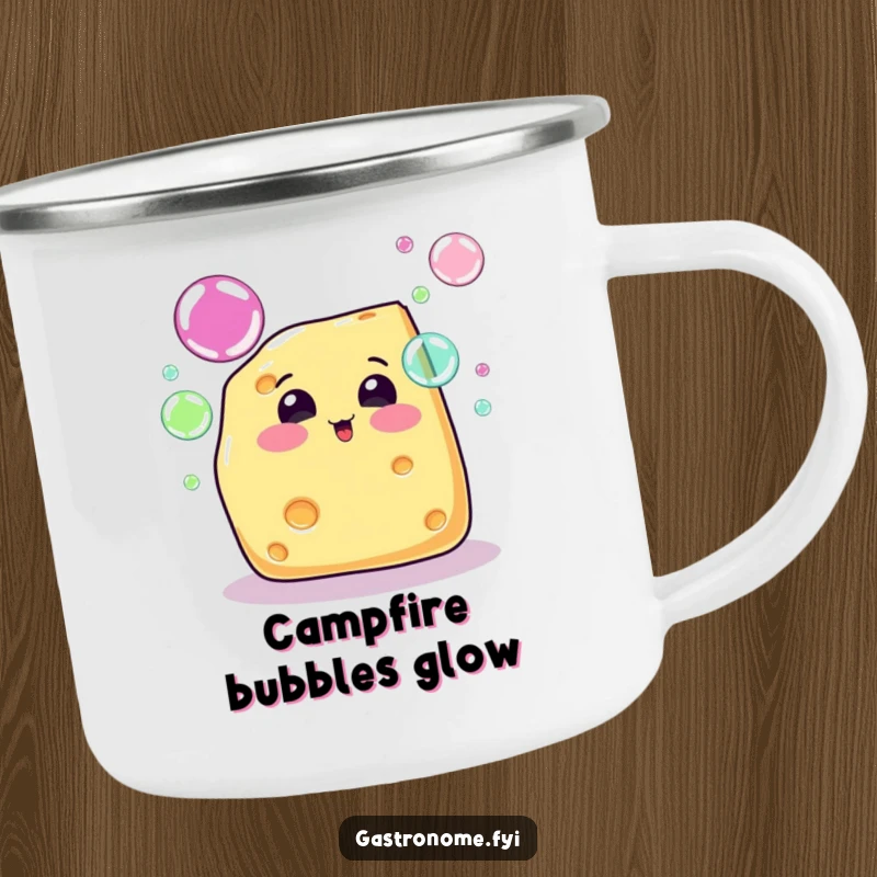 Funny cheese wedge character blowing rainbow bubbles, ready for outdoor fun on a durable camping mug.