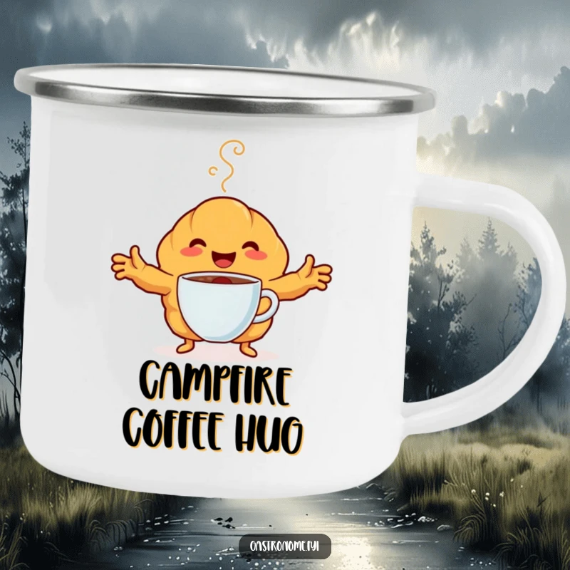 Funny Camping Mug with a happy croissant character embracing a steaming coffee cup. Durable and humorous for outdoor use.