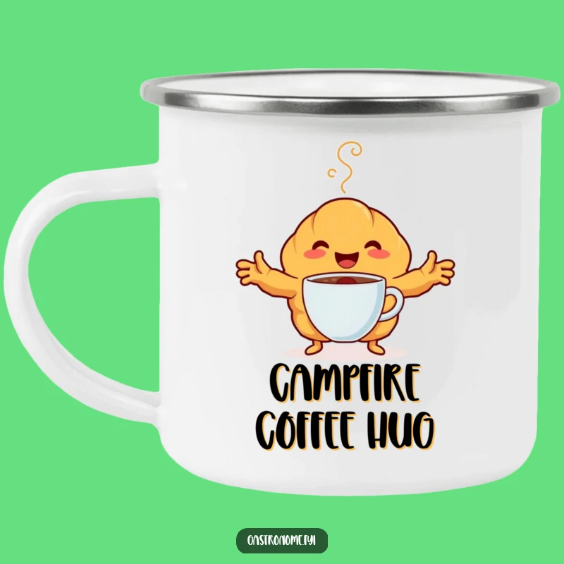 Funny Croissant Coffee Camping Mug: Happy Embrace, Humorous Outdoor Treat Gift