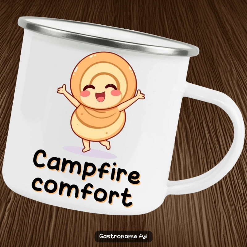 Funny overjoyed cinnamon roll camping mug, durable drinkware featuring a cheerful pastry character doing a twirl, perfect for humorous outdoor enjoyment.