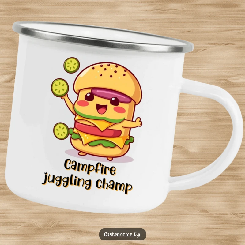 Funny Cheeseburger Camping Mug: Delighted Character Juggling Pickle Slices, Humorous Outdoor Foodie Drinkware