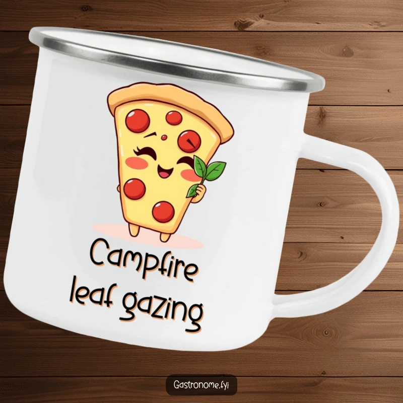 Funny giggling pizza slice character camping mug admiring a tiny basil leaf, perfect for sipping drinks with outdoor humor.