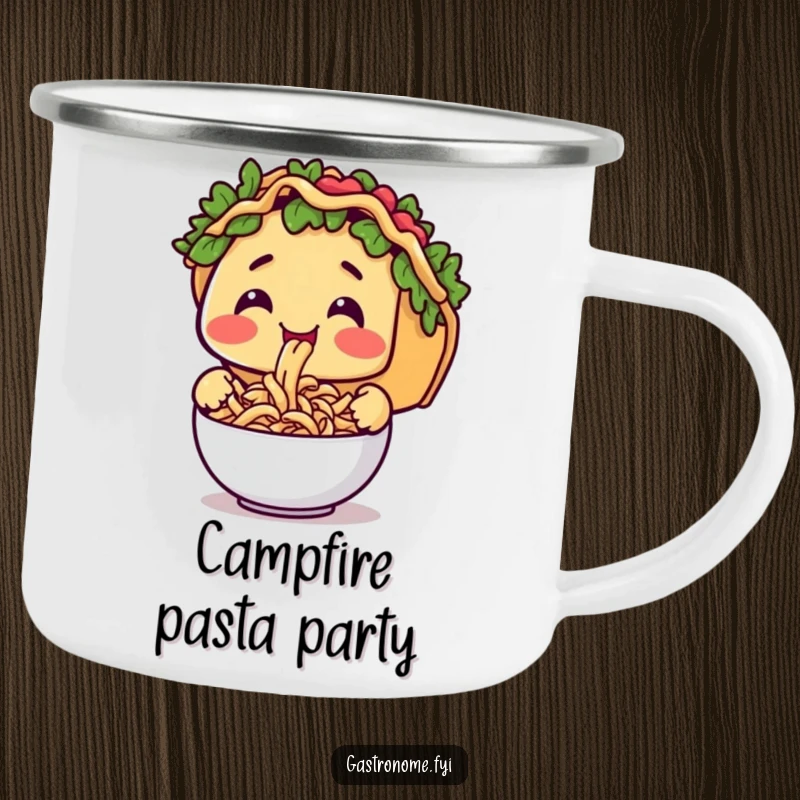 Funny camping mug with a taco character happily slurping tiny pasta, ideal for fueling outdoor adventures with humor.