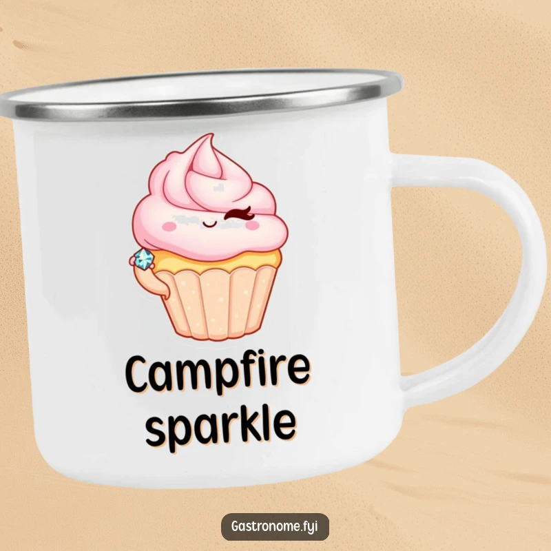 Funny camping mug with a winking cupcake character presenting a tiny jewel, perfect for outdoor enjoyment and sweet-themed fun.