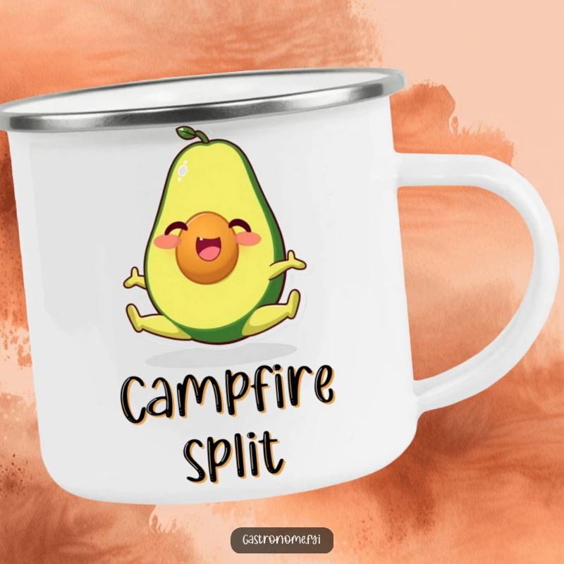 Funny enamel camping mug with a happy avocado character doing a split, perfect for outdoor enthusiasts and health-conscious individuals.