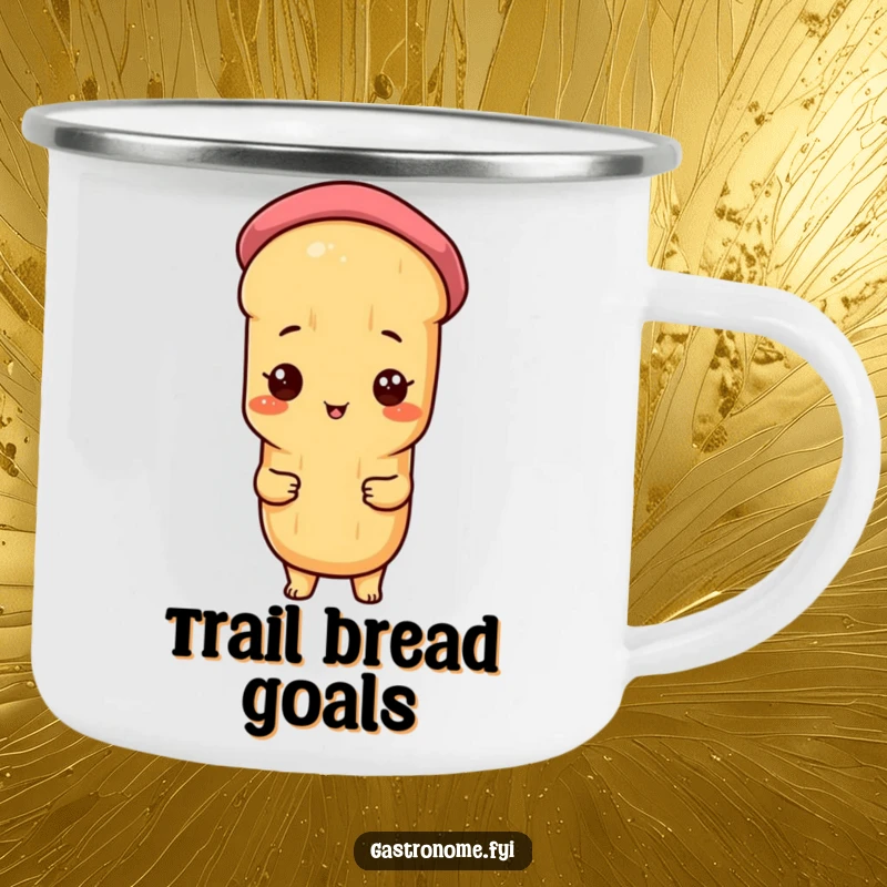 Funny camping mug with a proud baguette character in a beret, ideal for outdoor adventures and enjoying beverages with a French twist.