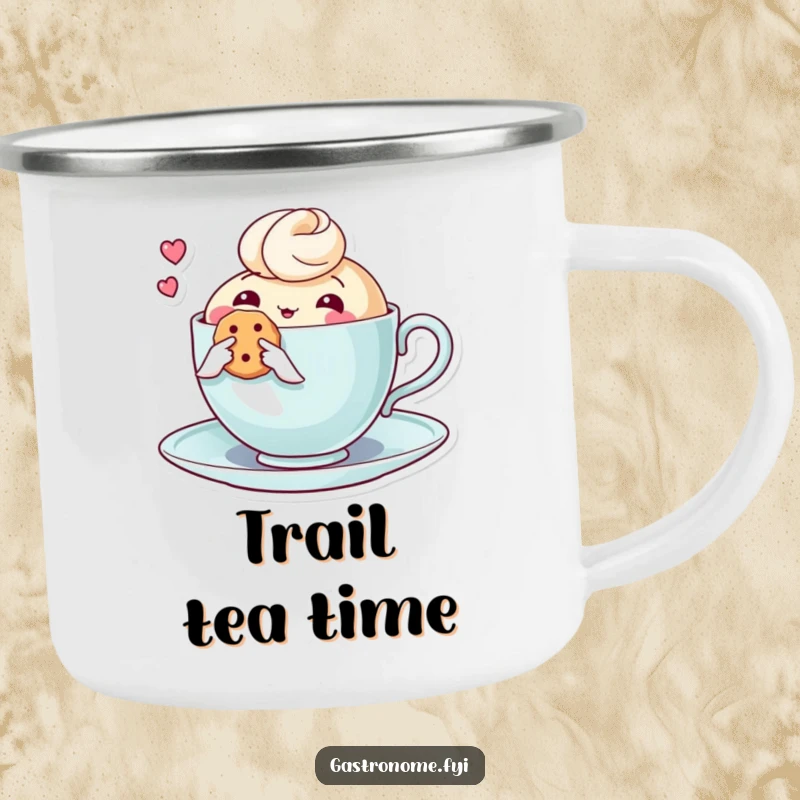 Funny camping mug with a thoughtful teacup character holding a biscuit, built for adventures and offering a dose of cozy humor.