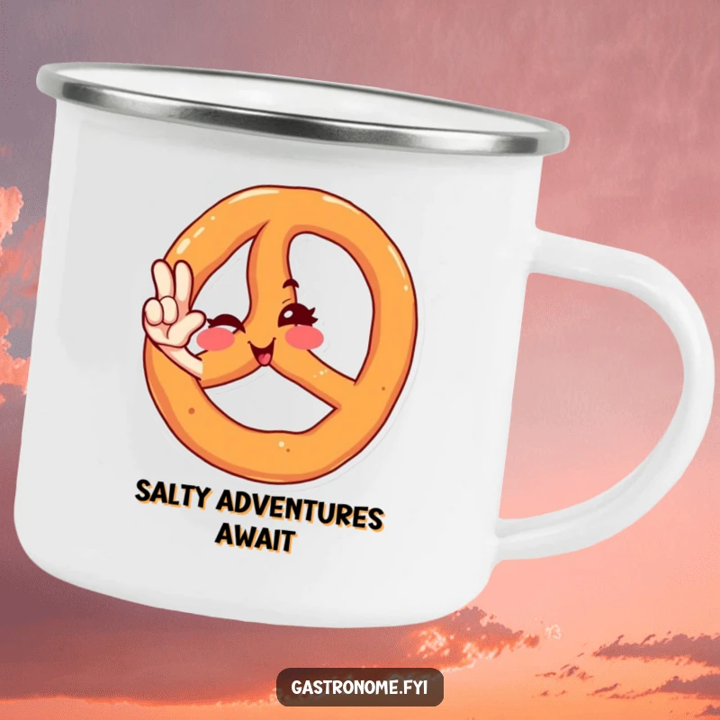 Funny camping mug with a winking pretzel character striking a dapper salute, built for adventures and bringing smiles on the go.