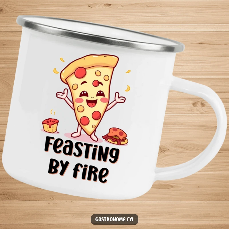 Funny camping mug with a happy pizza slice character with a cheesy grin gesturing towards a giant feast, perfect for outdoor humor.