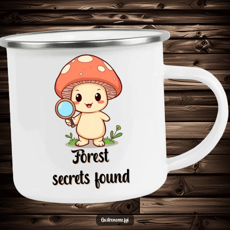 Funny happy mushroom character holding a magnifying glass, ready for outdoor adventures on a durable camping mug.