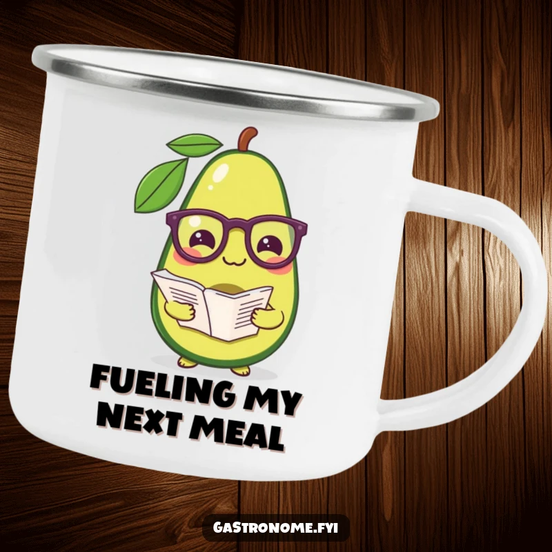 Funny camping mug featuring a pleased avocado in reading glasses, holding a recipe, perfect for outdoor kitchen humor.