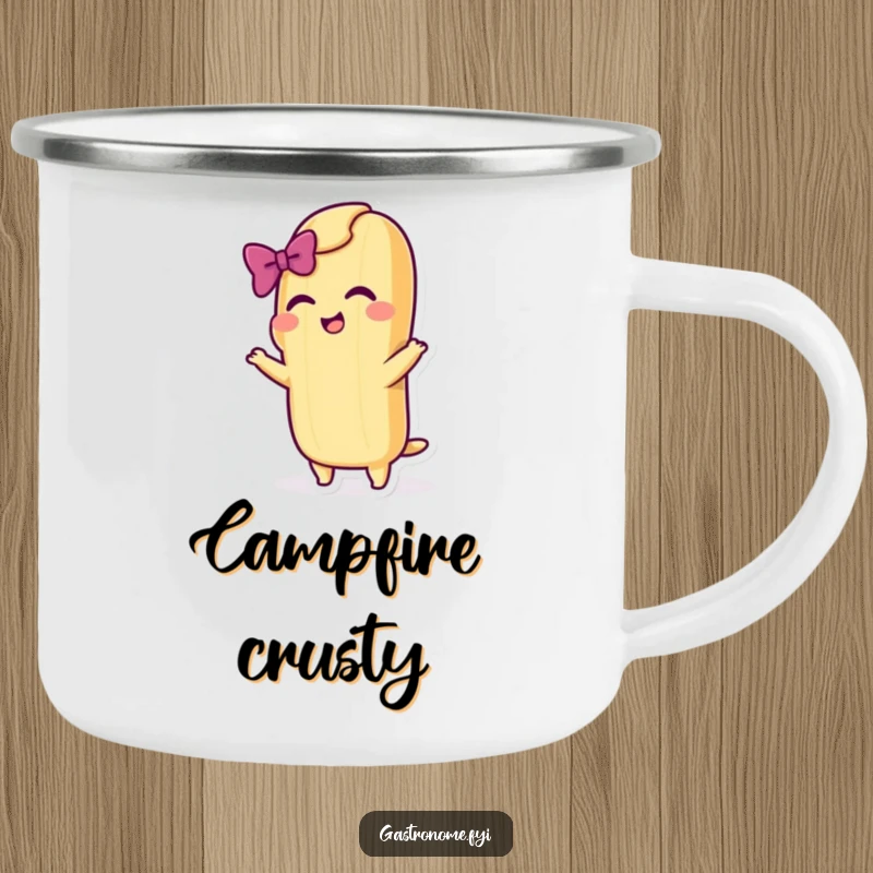Funny camping mug featuring a baguette character taking a dramatic bow with a flourish, ideal for theatrical outdoor moments.