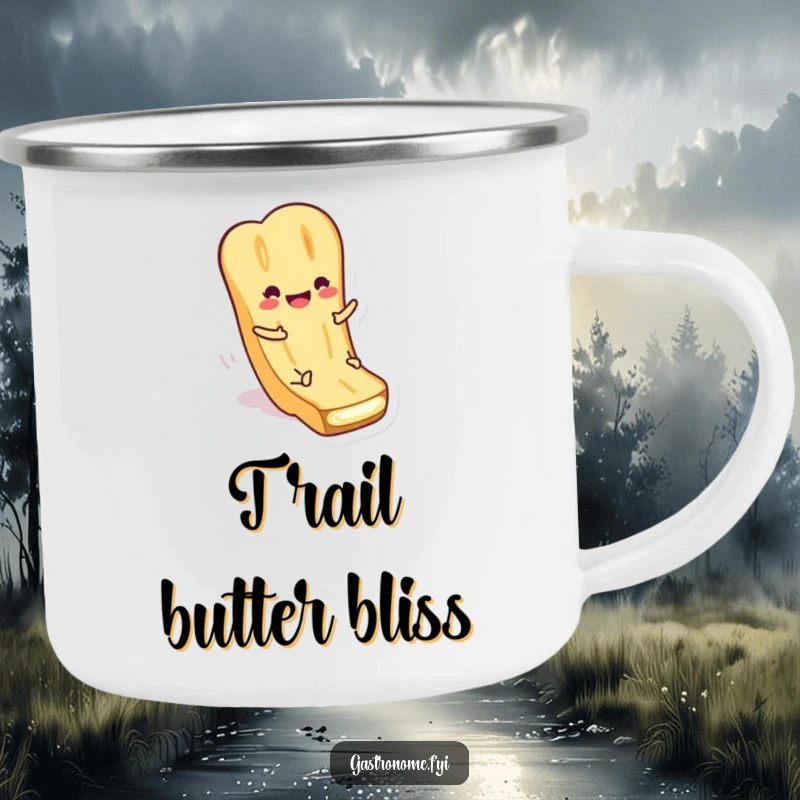 Funny Camping Mug with a smiling baguette character sliding down butter. Durable and humorous for outdoor use.