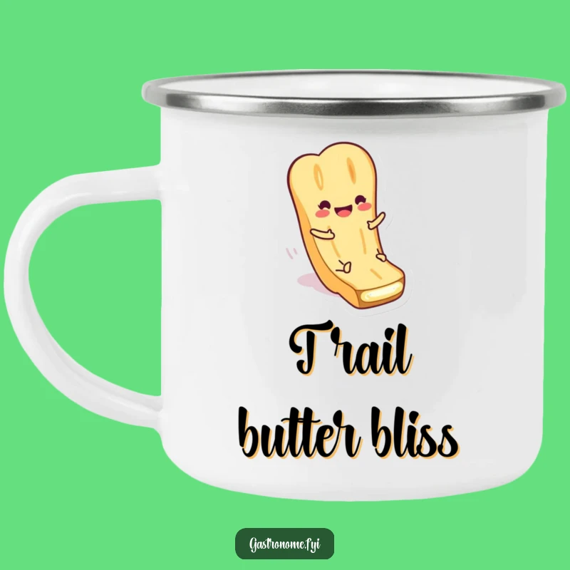 Funny Baguette Butter Camping Mug: Smiling Character, Humorous Outdoor Meal Gift