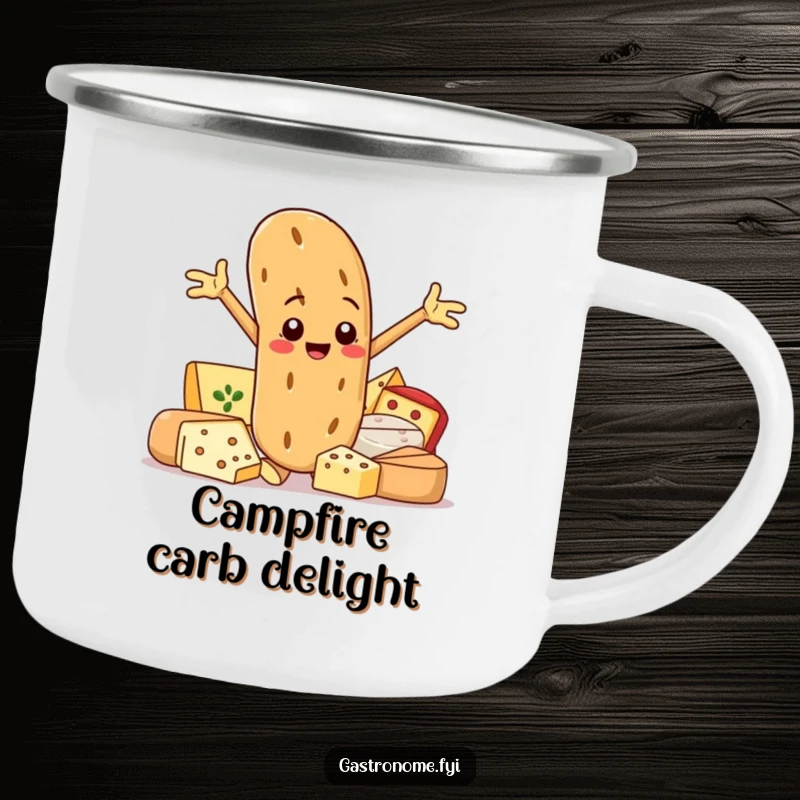 Funny camping mug with a smiling baguette character posing proudly next to gourmet cheeses, for delightful outdoor food appreciation.