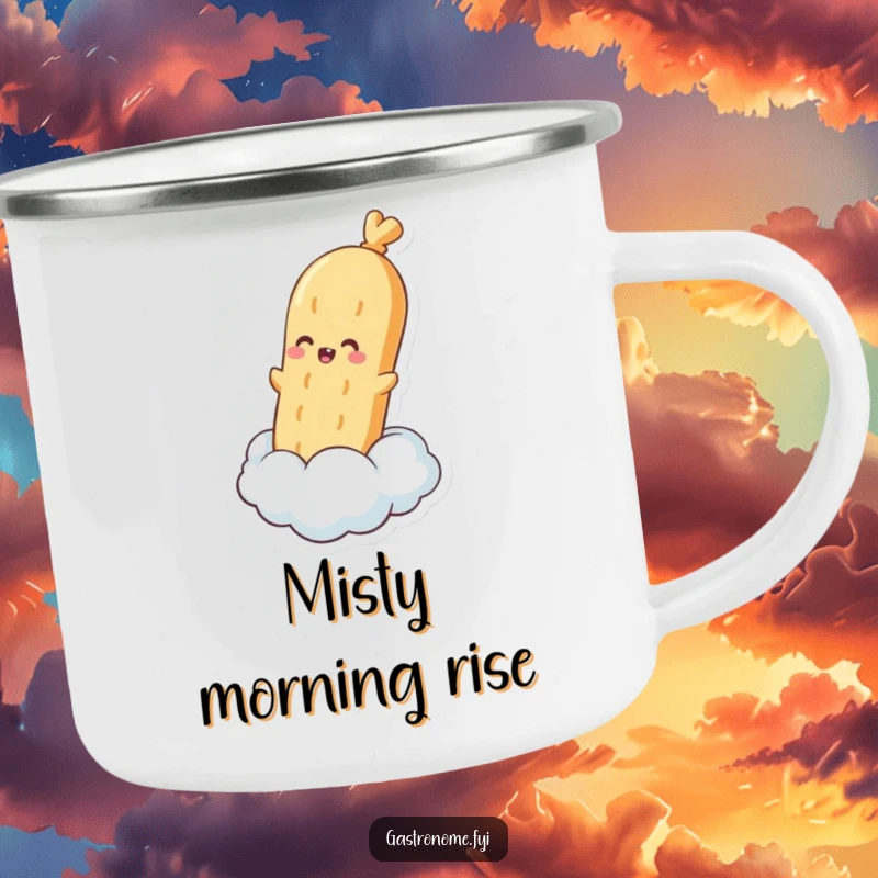 Funny camping mug showing a pleased baguette character floating on a steam cloud, perfect for enjoying drinks outdoors with bakery charm.