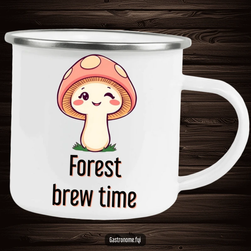 Funny cheeky mushroom camping mug, durable drinkware featuring a winking fungi character, perfect for humorous outdoor enjoyment.
