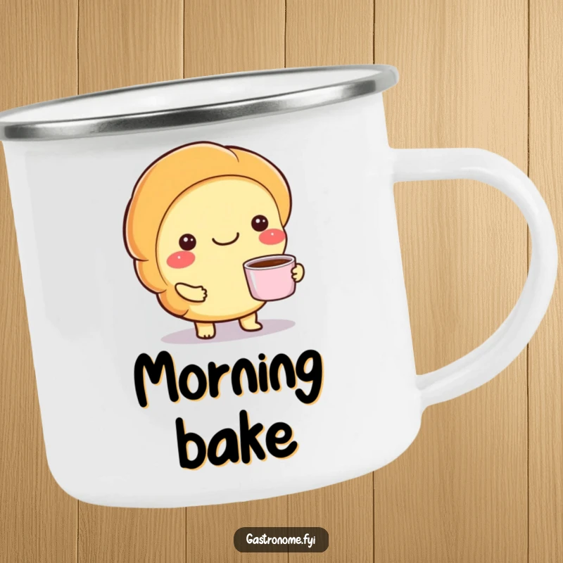 Funny enamel camping mug with a smiling croissant character holding a tiny cup of coffee, perfect for outdoor mornings.