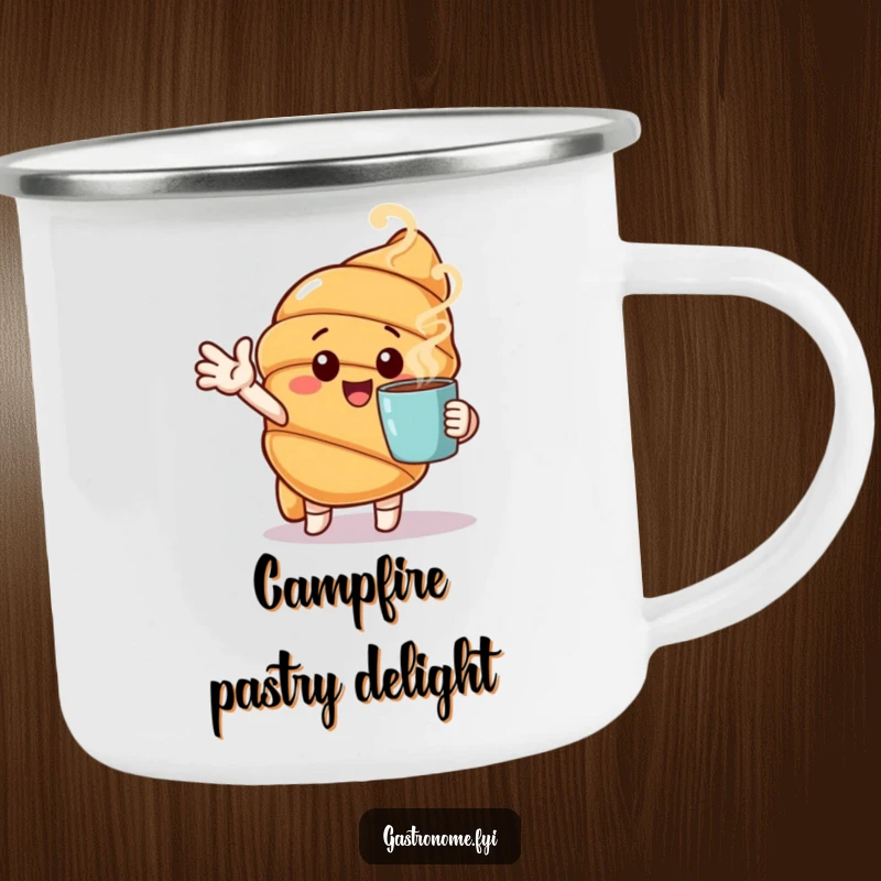 Funny camping mug with a cheerful croissant character gesturing towards a steaming cup, perfect for outdoor mornings.