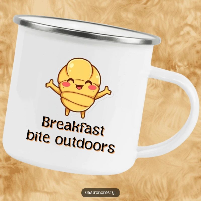 Funny Croissant Camping Mug with a smiling croissant character with open arms, durable for adventures.