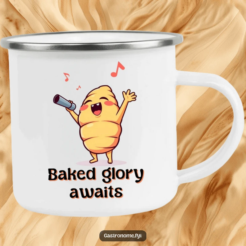 Funny croissant character hitting an opera high note on a sturdy camping mug, perfect for outdoor humor and gifting.
