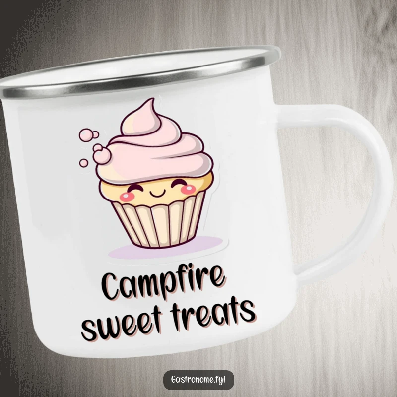Funny camping mug featuring a smiling cupcake character dramatically blowing a small puff of frosting, perfect for outdoor enjoyment.