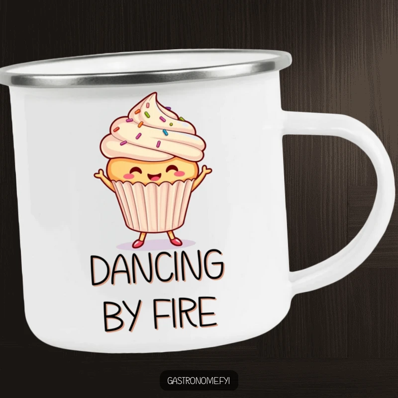 Funny dancing cupcake camping mug, a smiling cupcake with sprinkles dancing happily, ready for sweet, humorous sips in the great outdoors.
