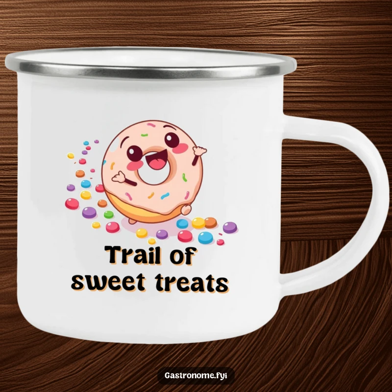 Funny camping mug with a joyful donut character rolling downhill, leaving a trail of colorful candies, for sweet and humorous outdoor enjoyment.