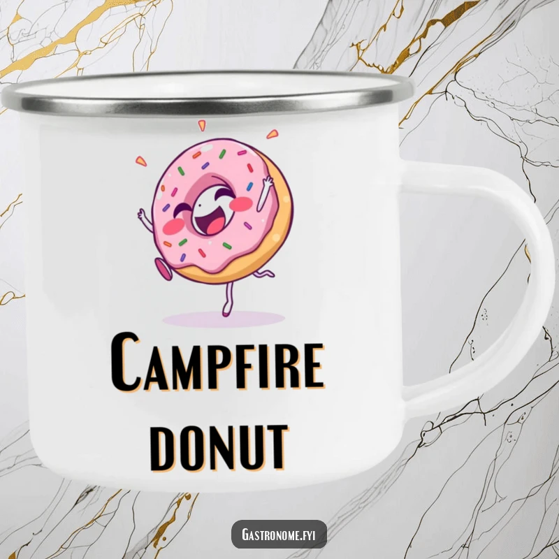 Funny enamel camping mug with a happy, sprinkle-covered donut character performing a cartwheel, perfect for outdoor adventures.