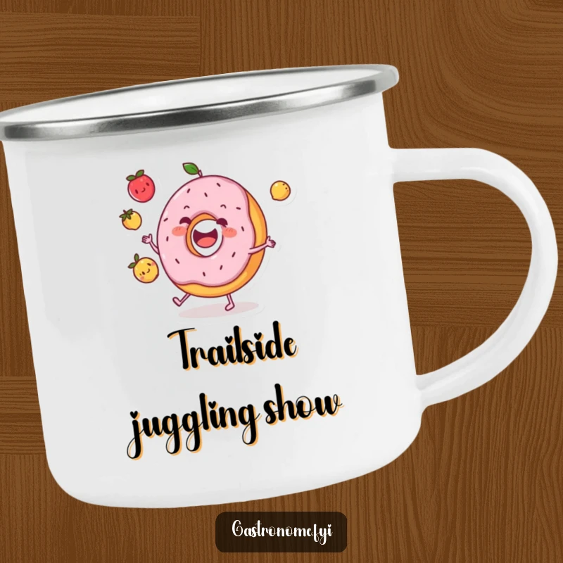 Funny donut character camping mug joyfully juggling three tiny fruits, perfect for sipping beverages with outdoor humor.