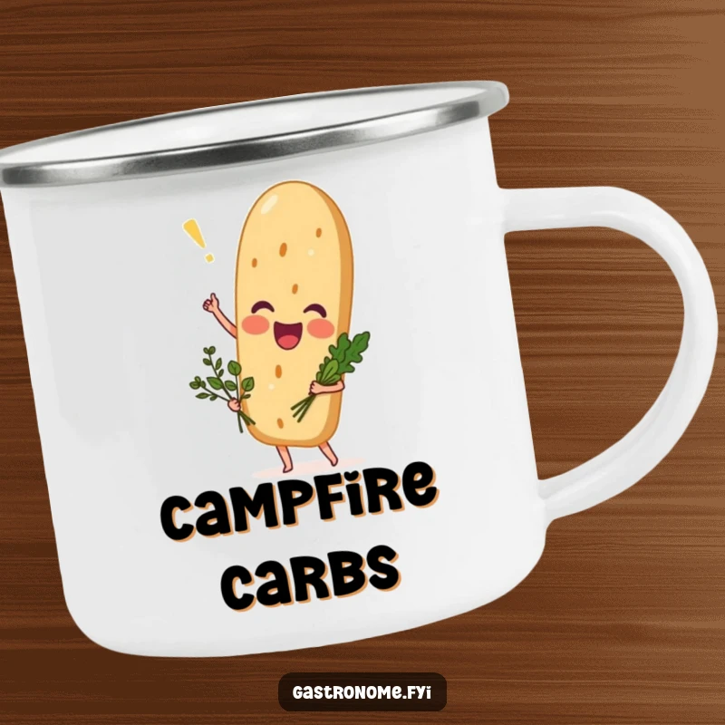 Funny excited baguette camping mug, durable drinkware featuring a bread character with herbs, perfect for humorous outdoor enjoyment.