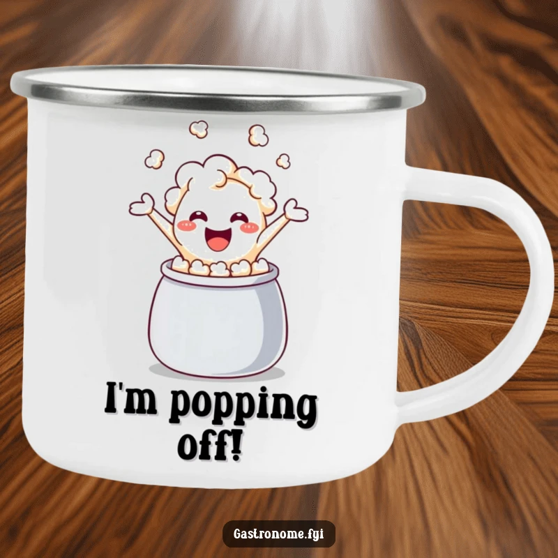 Funny popcorn kernel camping mug, a kernel bursting with joy as it erupts from a kettle, perfect for rugged, humor-filled adventures.