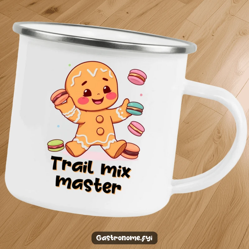 Funny gingerbread man character juggling tiny macarons on a sturdy camping mug, perfect for humorous outdoor enjoyment and gifting.