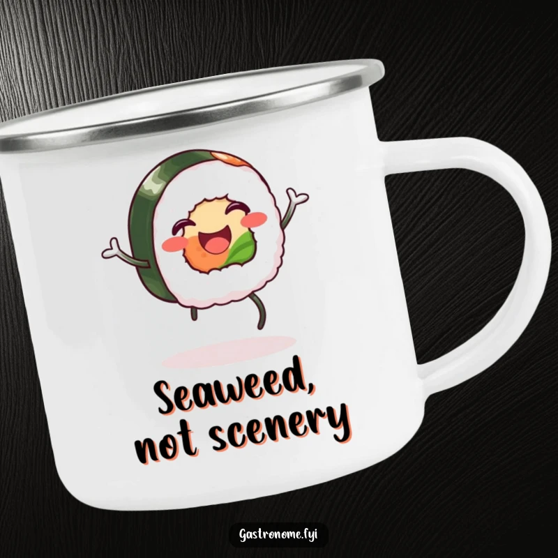 Funny camping mug: A happy sushi roll with legs doing a silly jig, a humorous outdoor accessory.