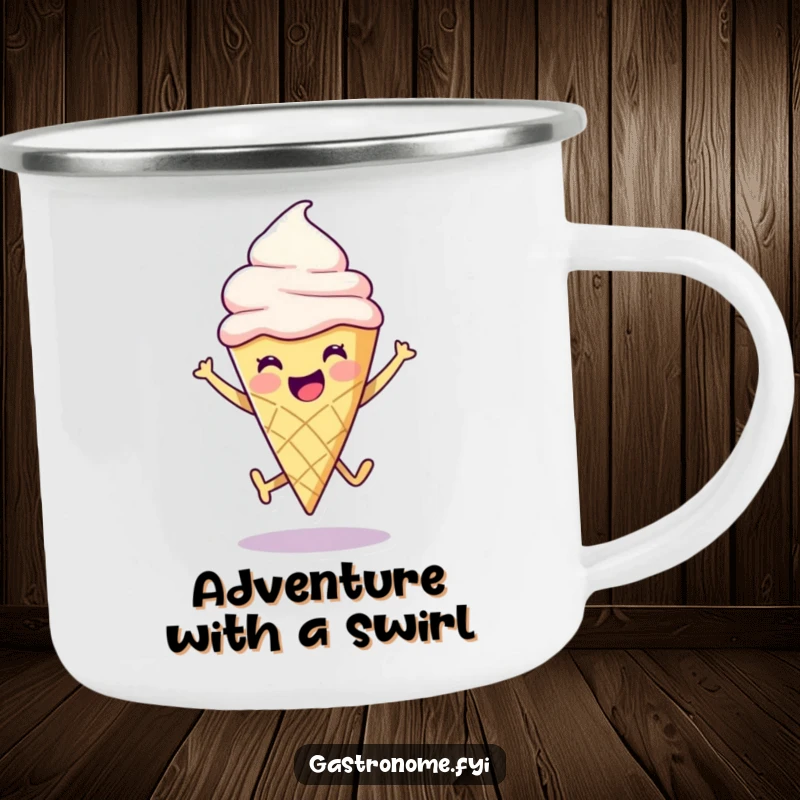 Funny ice cream cone character joyfully leaping, designed for rugged adventures on a durable camping mug.