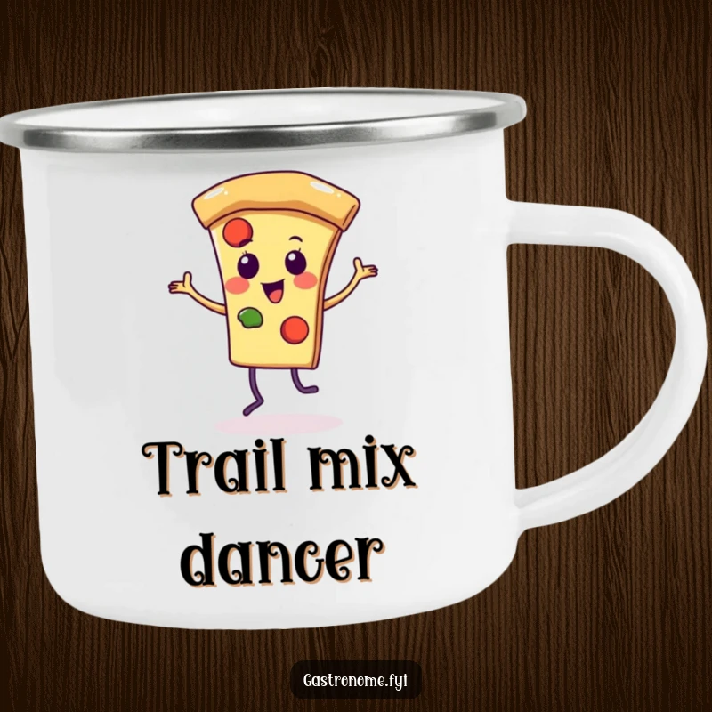 Funny camping mug showcasing an energetic pizza slice character in a dance pose, ideal for outdoor enjoyment and humor.