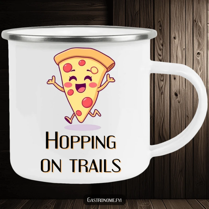 Funny pizza slice camping mug, showing a joyful pizza slice performing a happy little hop, ready for outdoor fun.