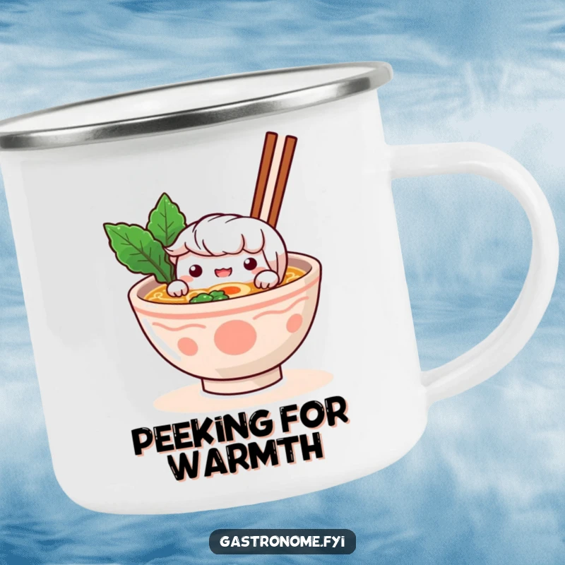 Funny Camping Mug: A curious ramen bowl character peeks over its broth, perfect for enjoying drinks outdoors, funny gift.