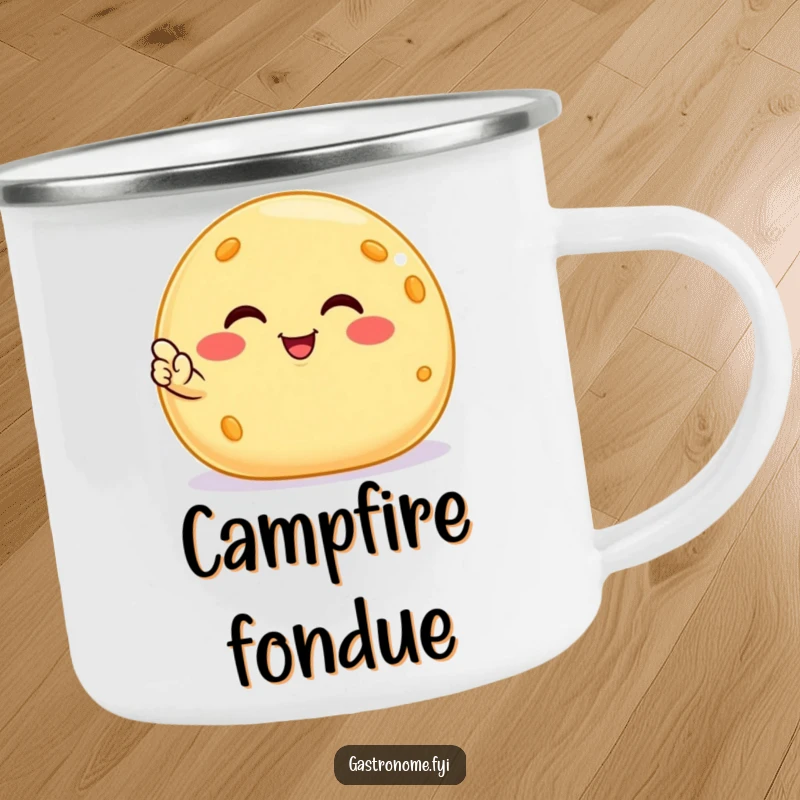 Funny smiling cheese ball camping mug, durable drinkware featuring a satisfied snack character giving a nod, perfect for humorous outdoor enjoyment.