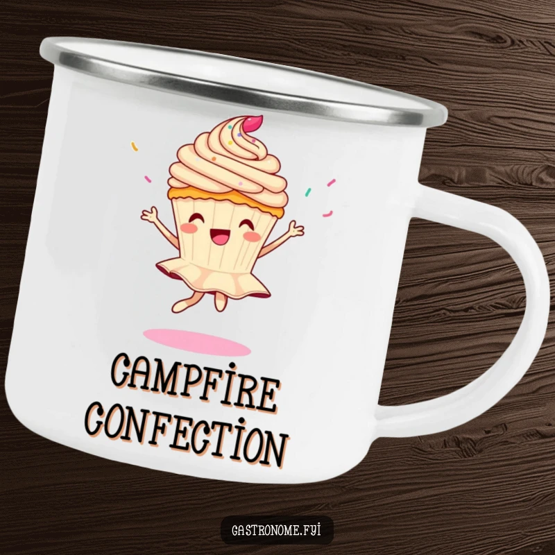 Funny camping mug featuring a cupcake character doing a pirouette with falling sprinkles, ideal for sweet outdoor moments.