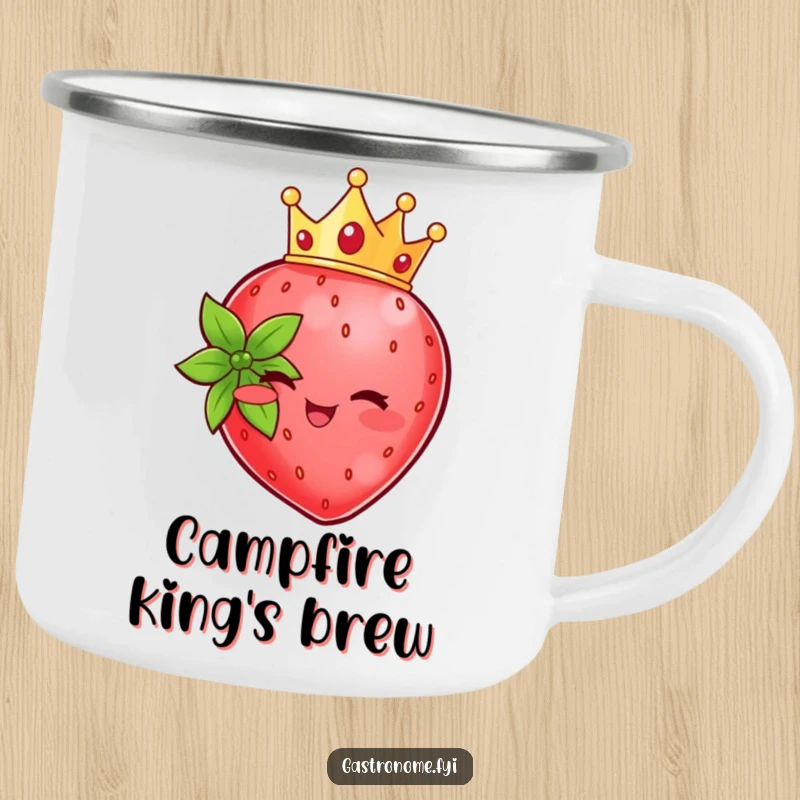 Funny beaming strawberry character wearing a crown, designed for royal adventures on a durable camping mug.
